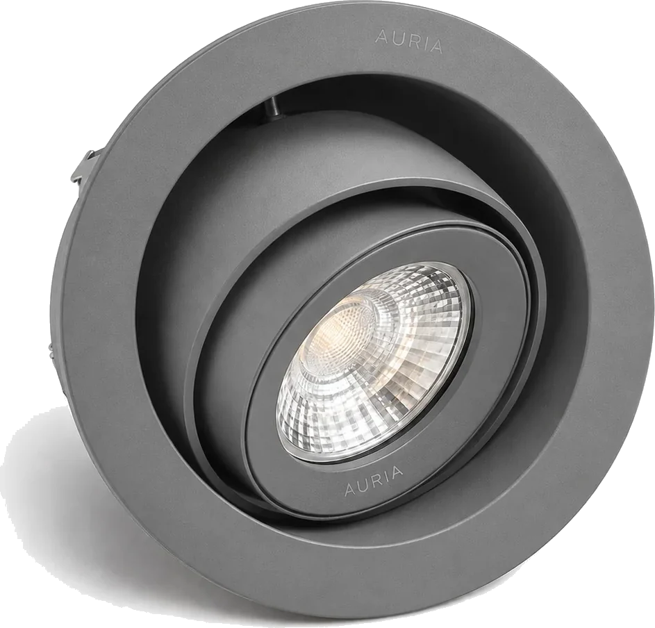 The AURIA adjustable LED downlight as it is sold, in the grey finish.