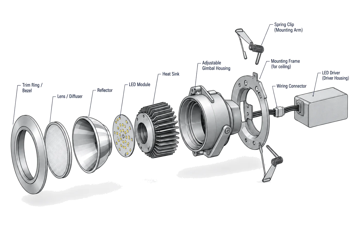 An exploded view of the same downlight with each component labelled: trim ring, lens, reflector, LED module, heat sink, gimbal housing, mounting frame, wiring connector and driver.