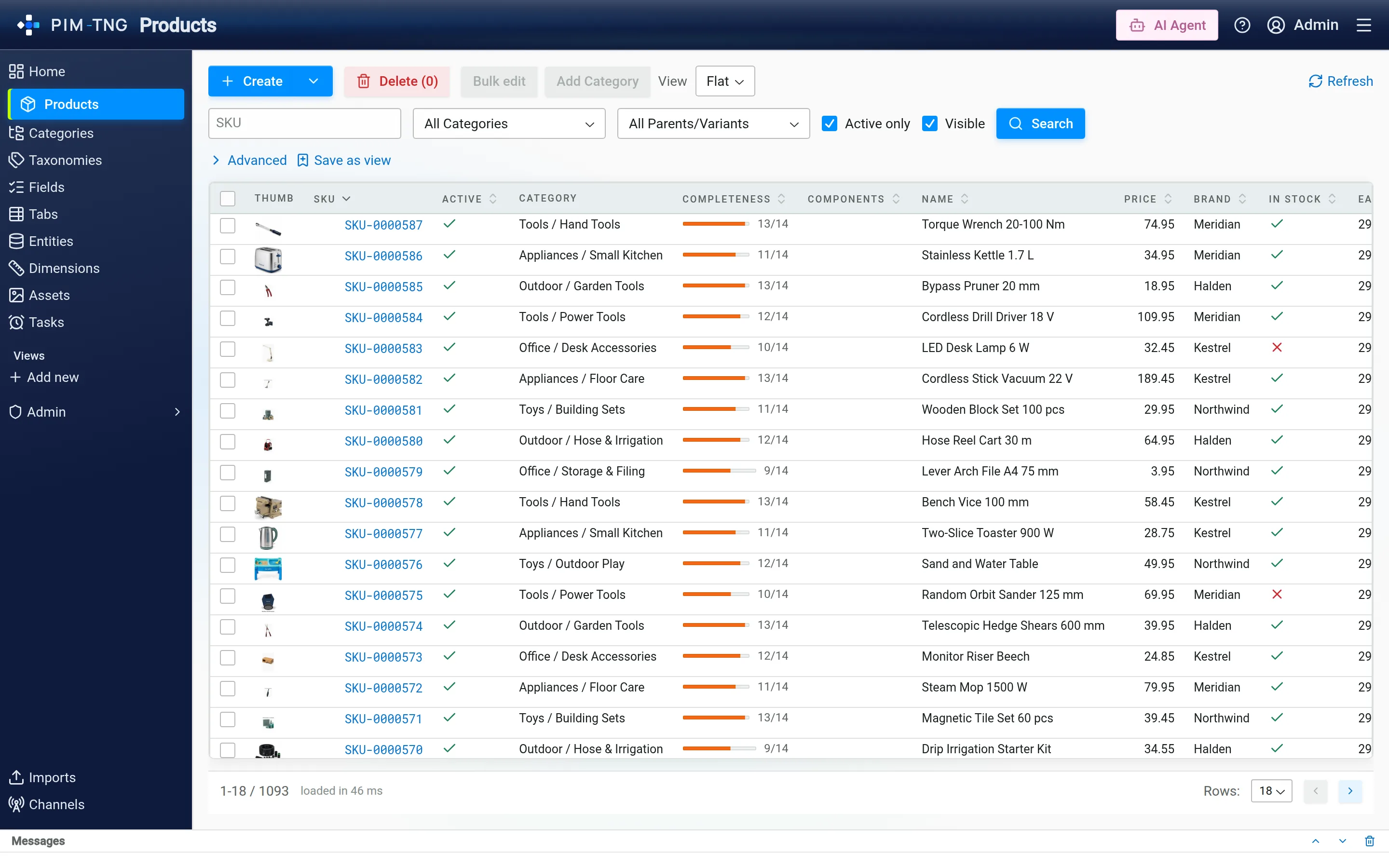 The PIM-TNG product list, with search, filtering and sorting across the catalog.