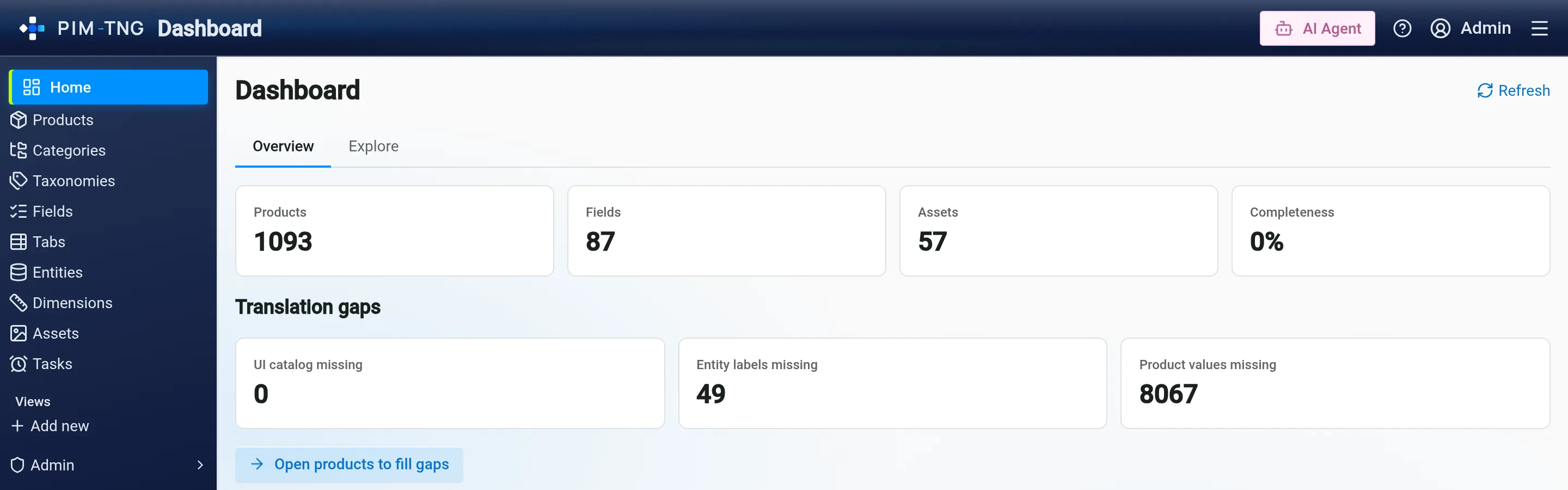 A completeness score shown per product in PIM-TNG, measured against the fields the catalog requires.