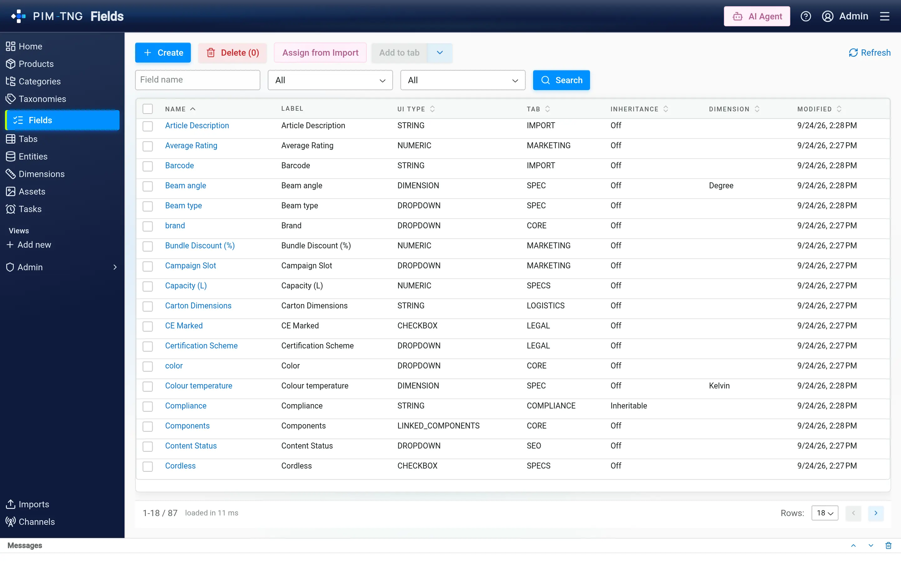 The field definition screen in PIM-TNG, where each field's type, tab and constraints are set.