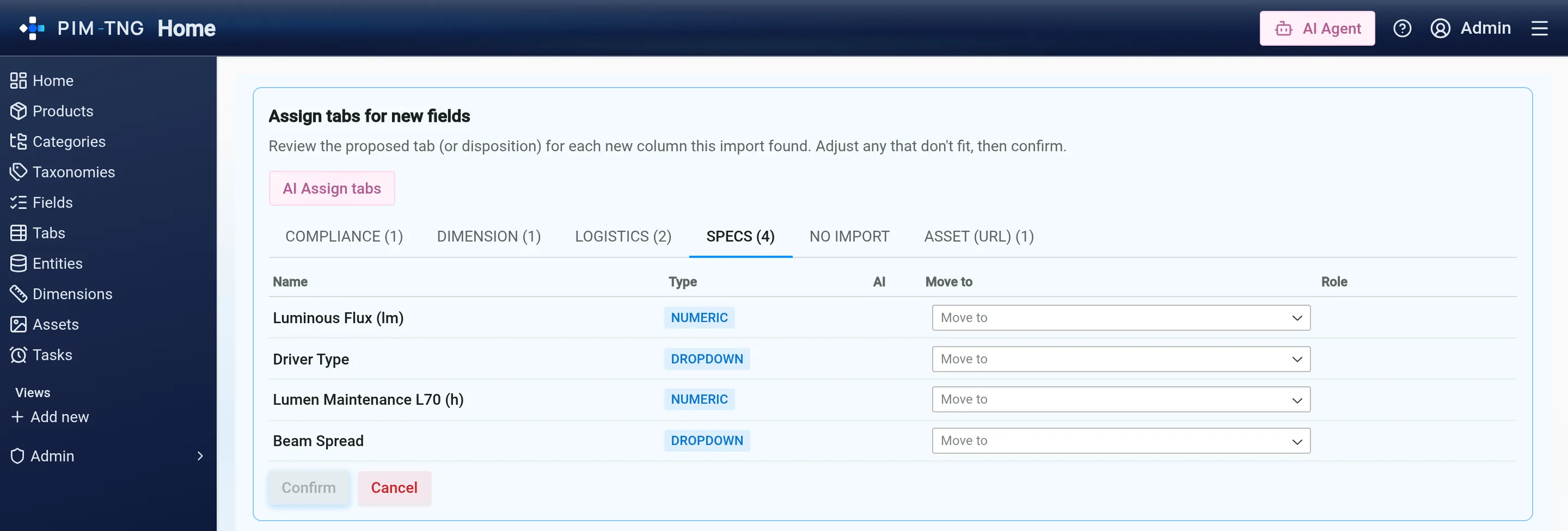 The import gate in PIM-TNG proposing a type and a destination tab for every new column a supplier file introduced.