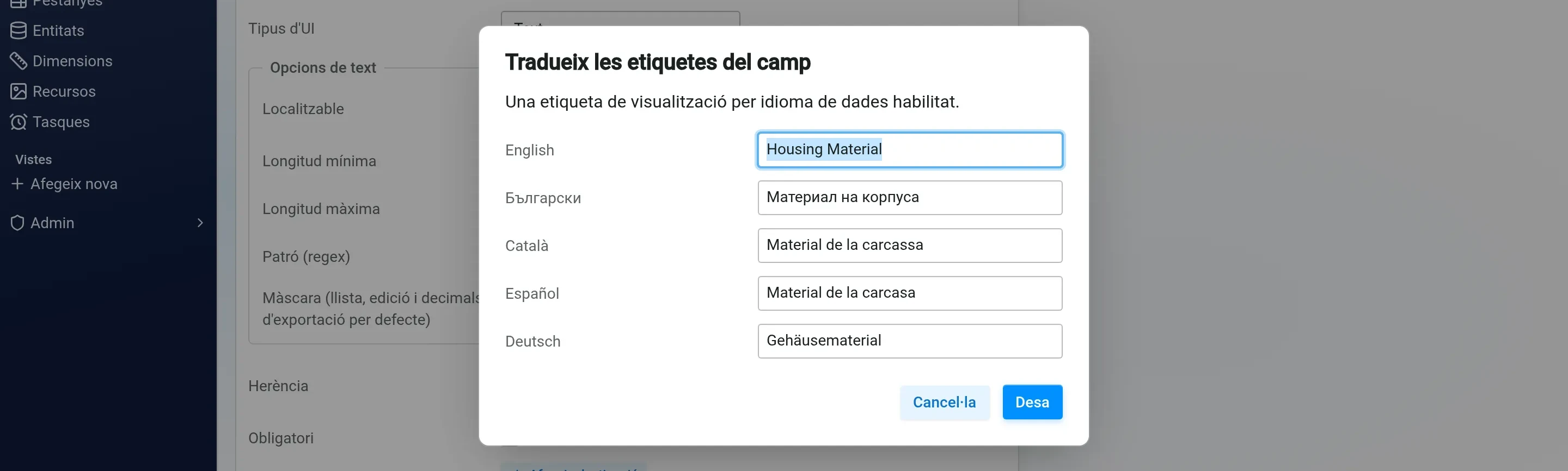 El diàleg de traducció de l'etiqueta d'un camp a PIM-TNG, amb una etiqueta per cada llengua de dades activada: anglès, búlgar, català, espanyol i alemany.