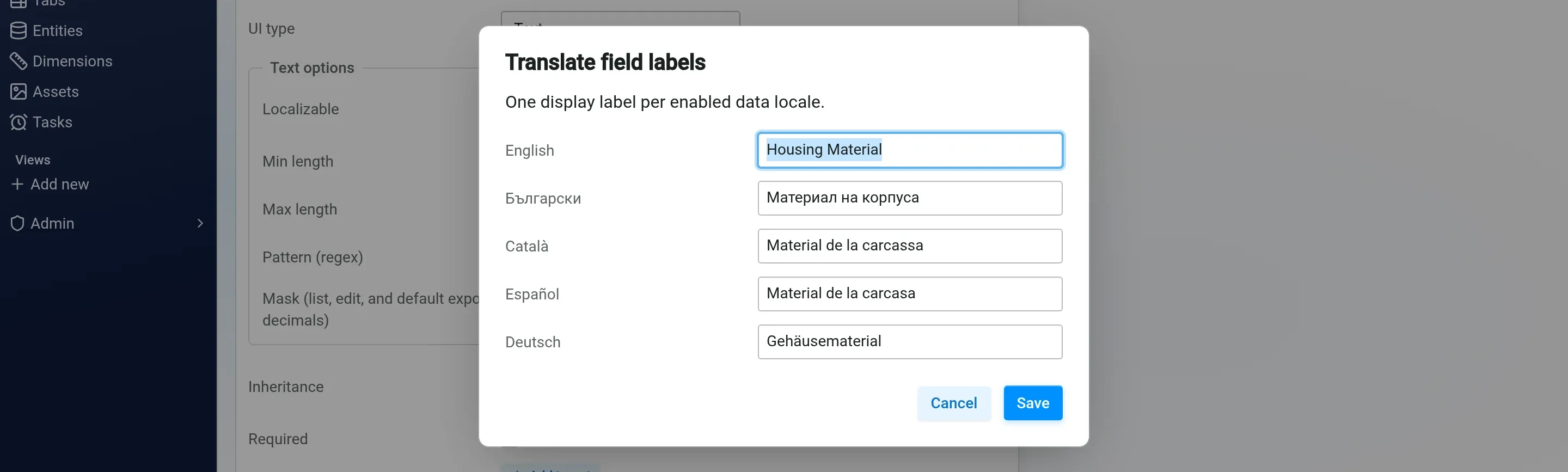 The field label translation dialog in PIM-TNG, holding one label per enabled data language: English, Bulgarian, Catalan, Spanish and German.