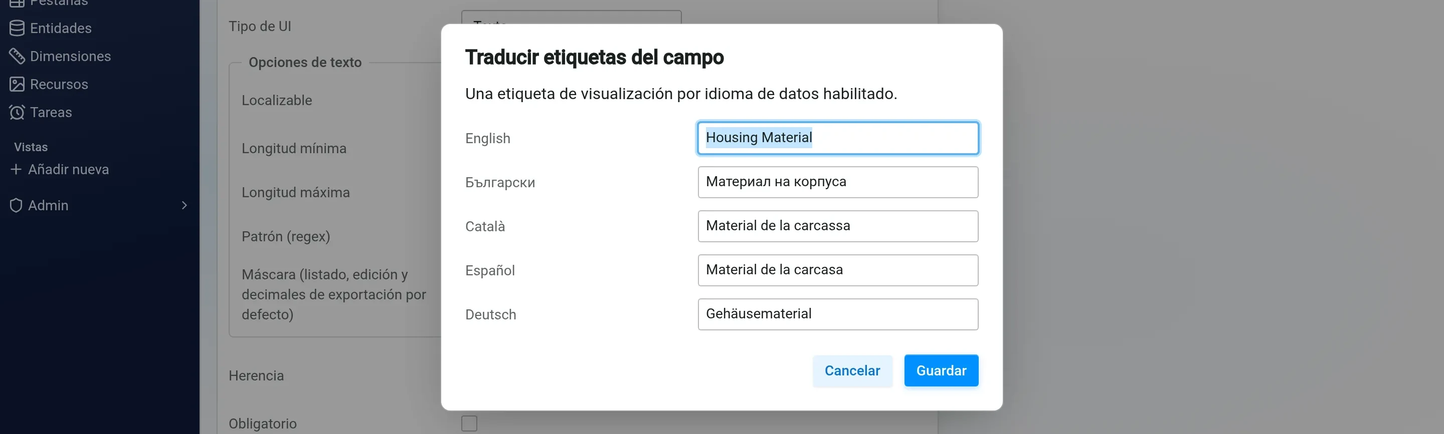 El diálogo de traducción de la etiqueta de un campo en PIM-TNG, con una etiqueta por cada idioma de datos habilitado: inglés, búlgaro, catalán, español y alemán.
