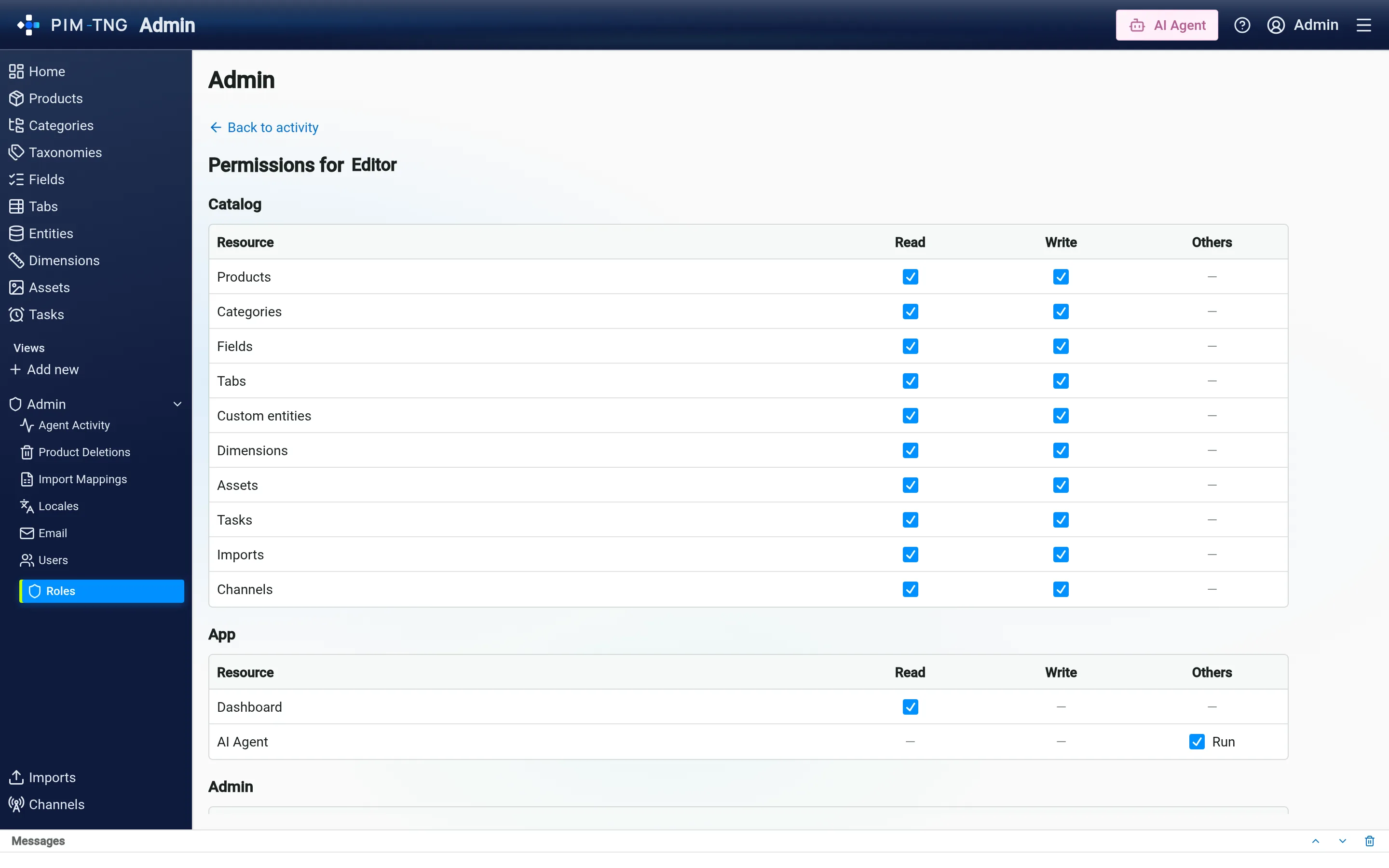 The role editor in PIM-TNG, where every permission is granted or withheld one role at a time.