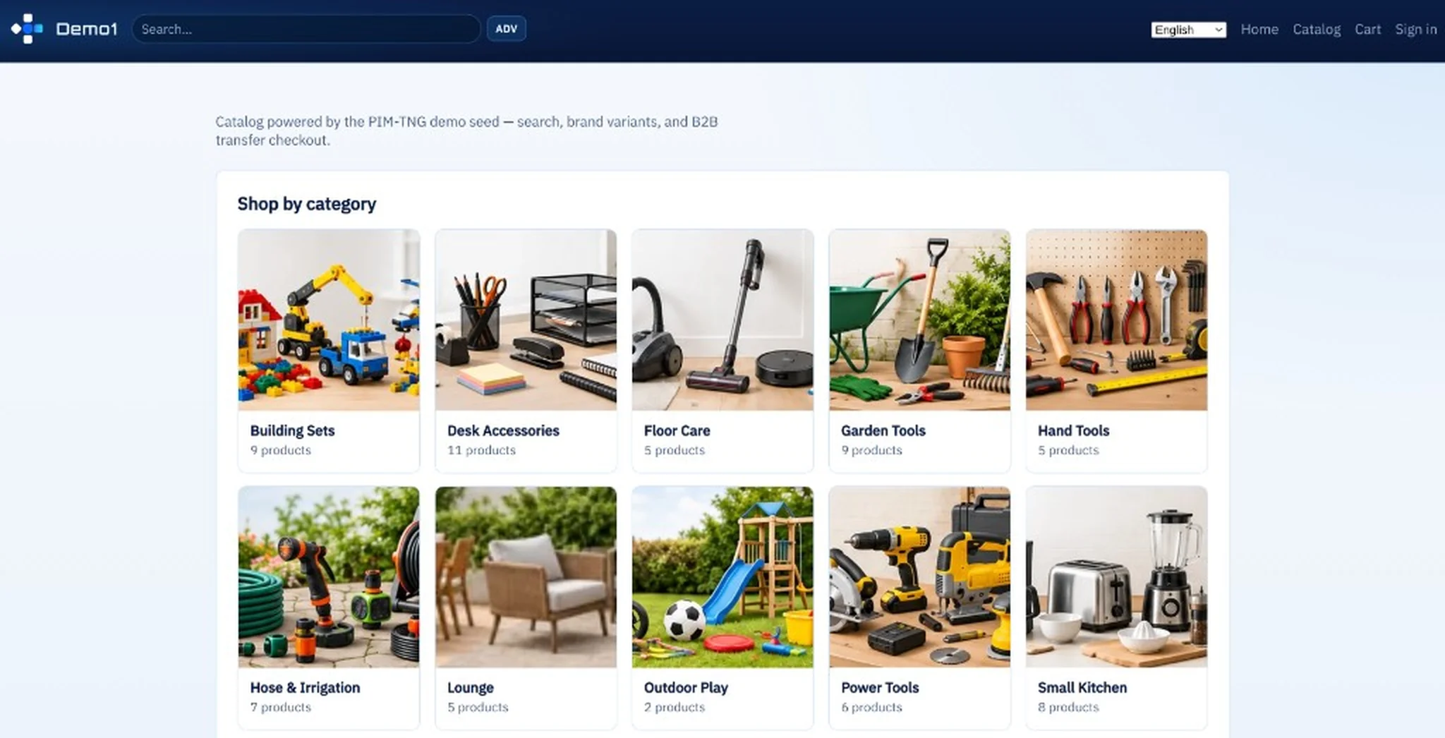 The PIM-TNG Shop storefront: category cards from the live catalog, with search and cart in the header.